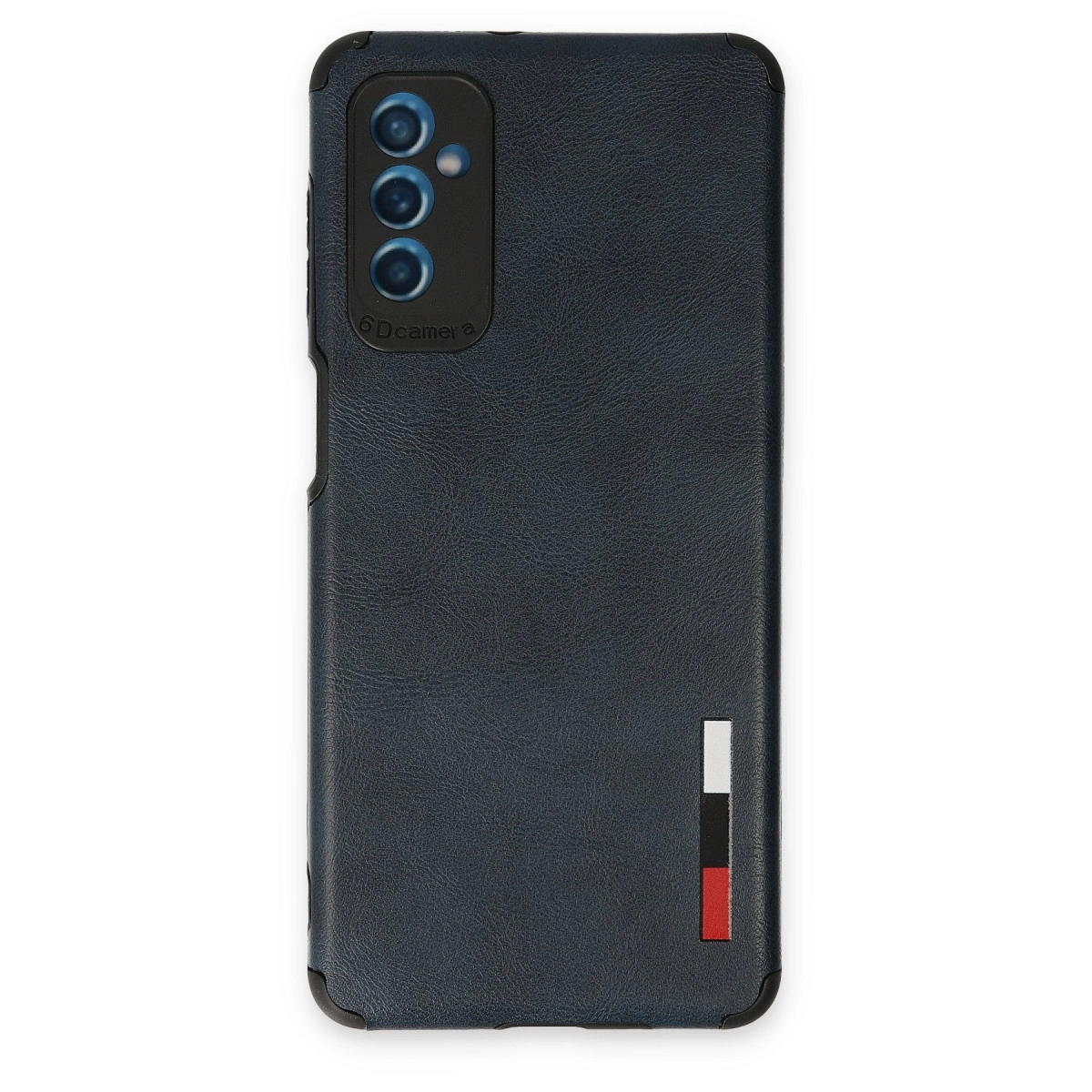 Kamera modül ve dikey şeritli lacivert telefon kılıfı.