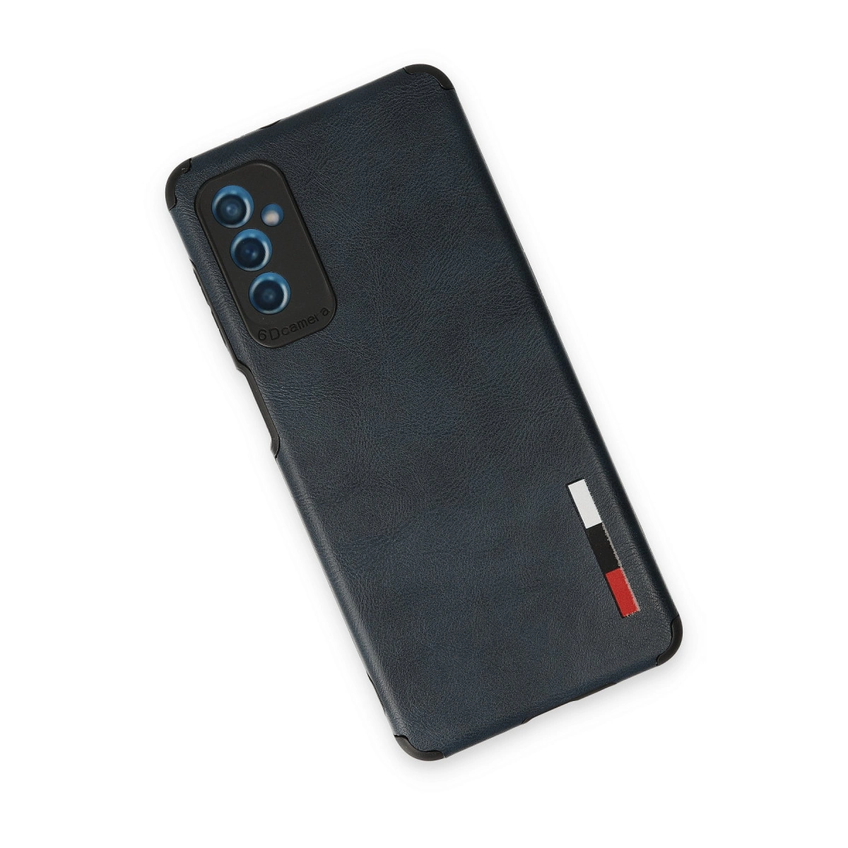 Kamera adası ve şerit detaylı lacivert telefon kılıfı.