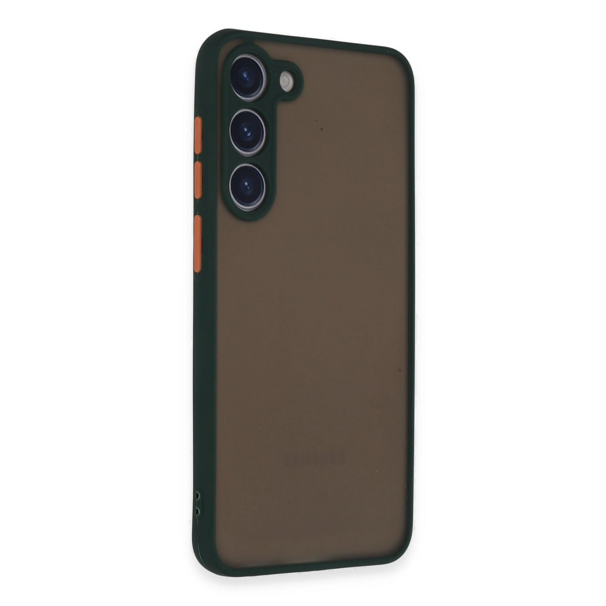 Koyu yeşil telefon kılıfı, kahverengi arka yüz ve üç kamera lensi.