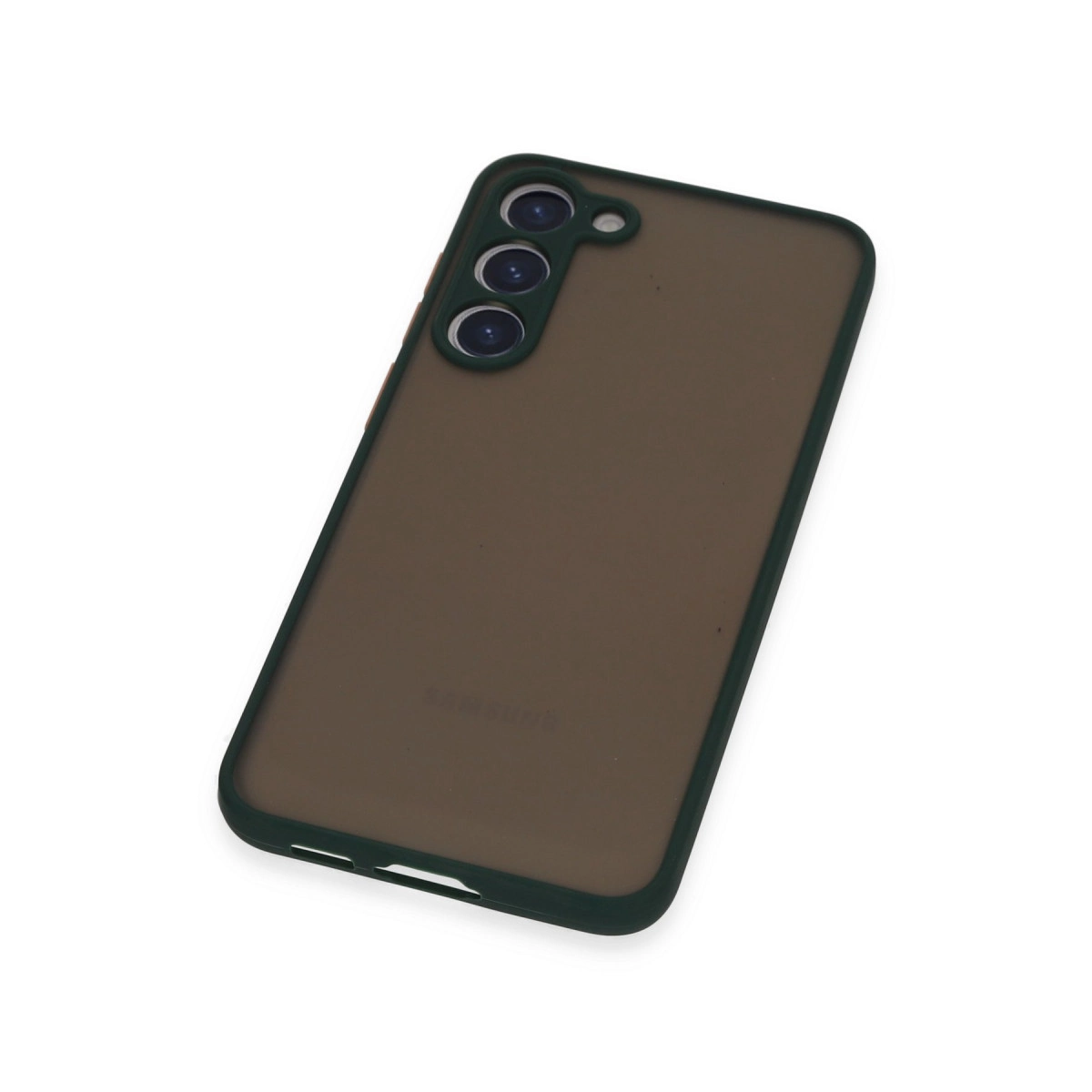 Arkada üç kamera lensi bulunan koyu renkli telefon kılıfı.