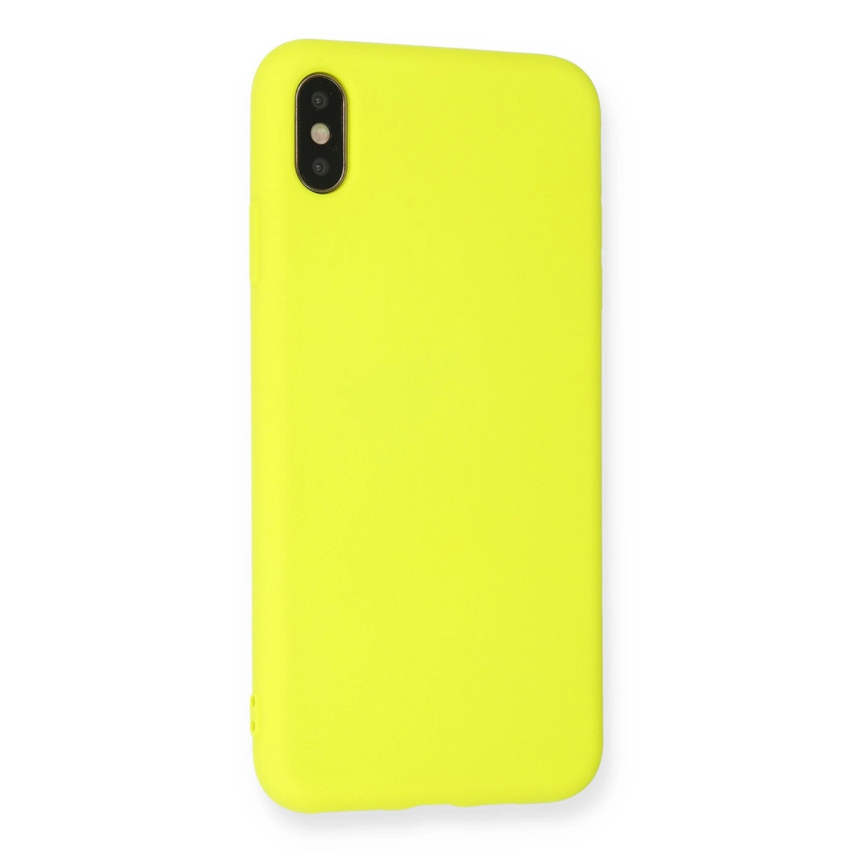 Beyaz arka plan üzerinde kamera kesimli neon sarısı telefon kılıfı.