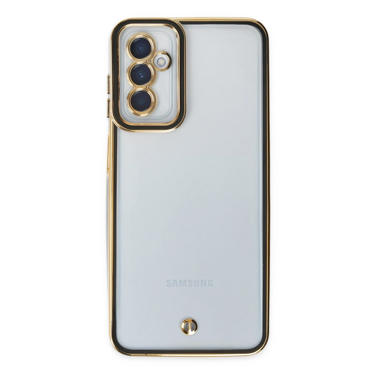Üçlü kamerası ve altın çerçevesi olan açık mavi Samsung telefonun arkası.