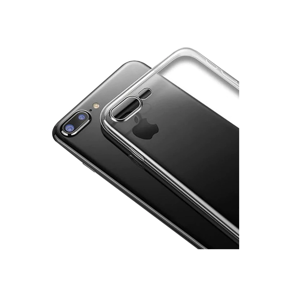 Şeffaf koruyucu kılıflı siyah iPhone beyaz zeminde duruyor.