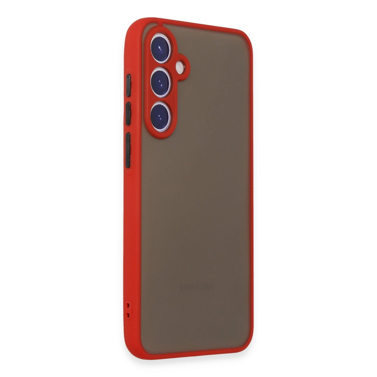 Kamera kesimli kırmızı ve gri telefon kılıfı beyaz arka plan üzerinde gösteriliyor.