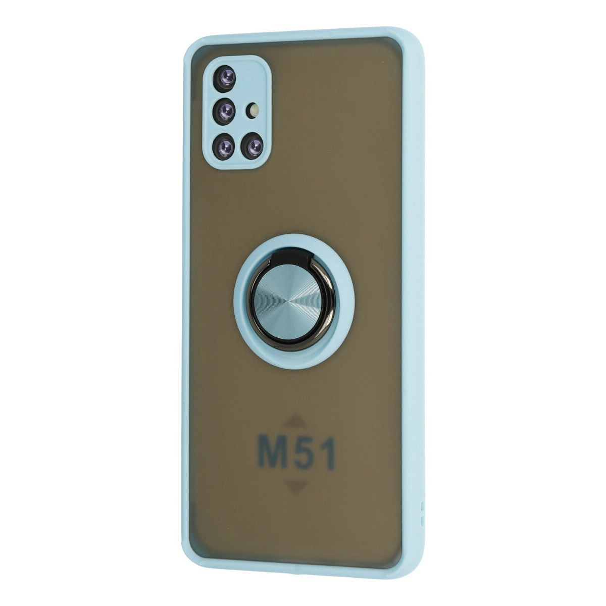 Kahverengi arka ve halka tutuculu açık mavi telefon kılıfı. Arkada "M51" yazısı var.