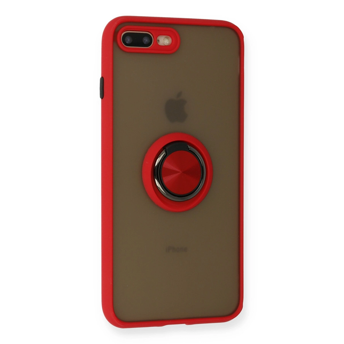 Kırmızı kenarlı, şeffaf arkalı ve kırmızı halka tutuculu iPhone.