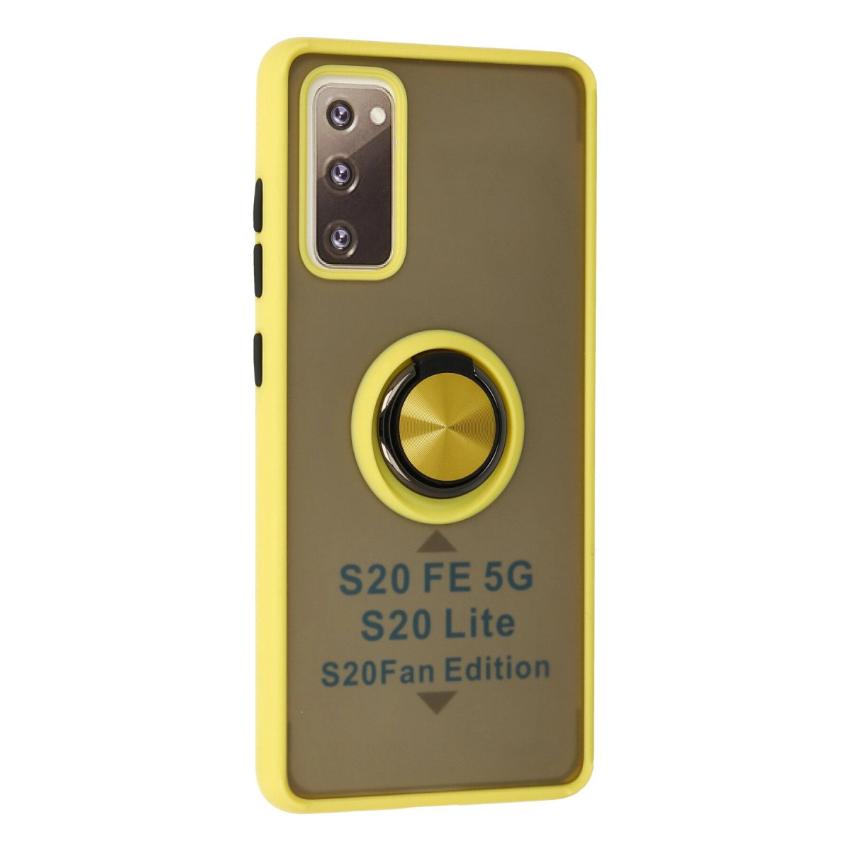 Arka kamera, halka tutucu ve S20 FE 5G baskılı sarı telefon kılıfı.