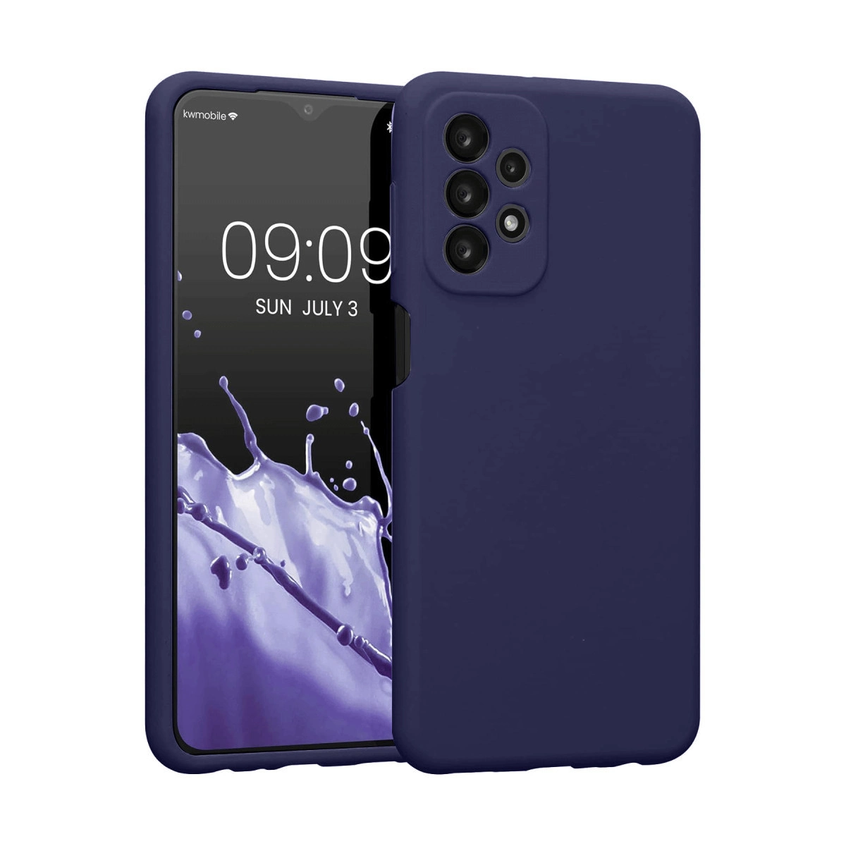 Akıllı telefonlu lacivert telefon kılıfı. Arkada kamera.