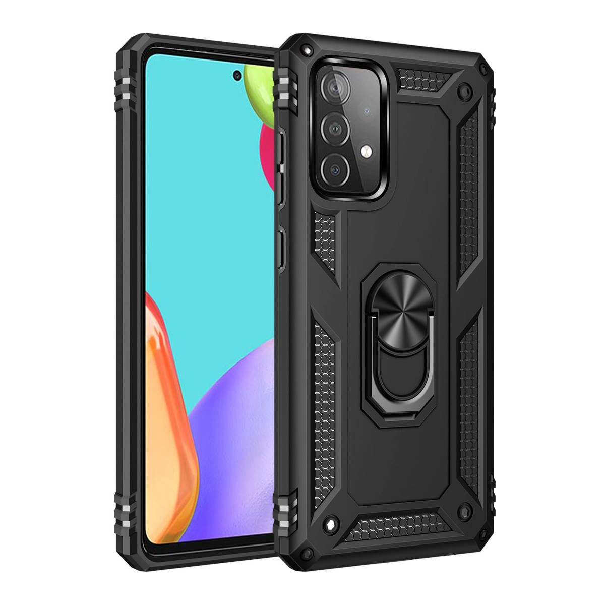 Halka tutuculu ve kamera modüllü siyah telefon kılıfı, beyaz arka plan.