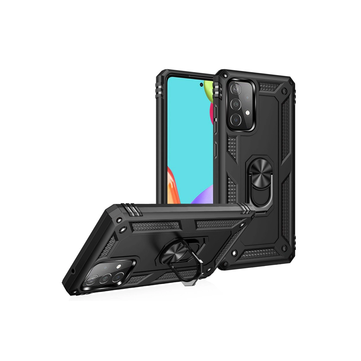 Halka tutuculu iki siyah telefon kılıfı, biri dik, diğeri yan yatırılmış.
