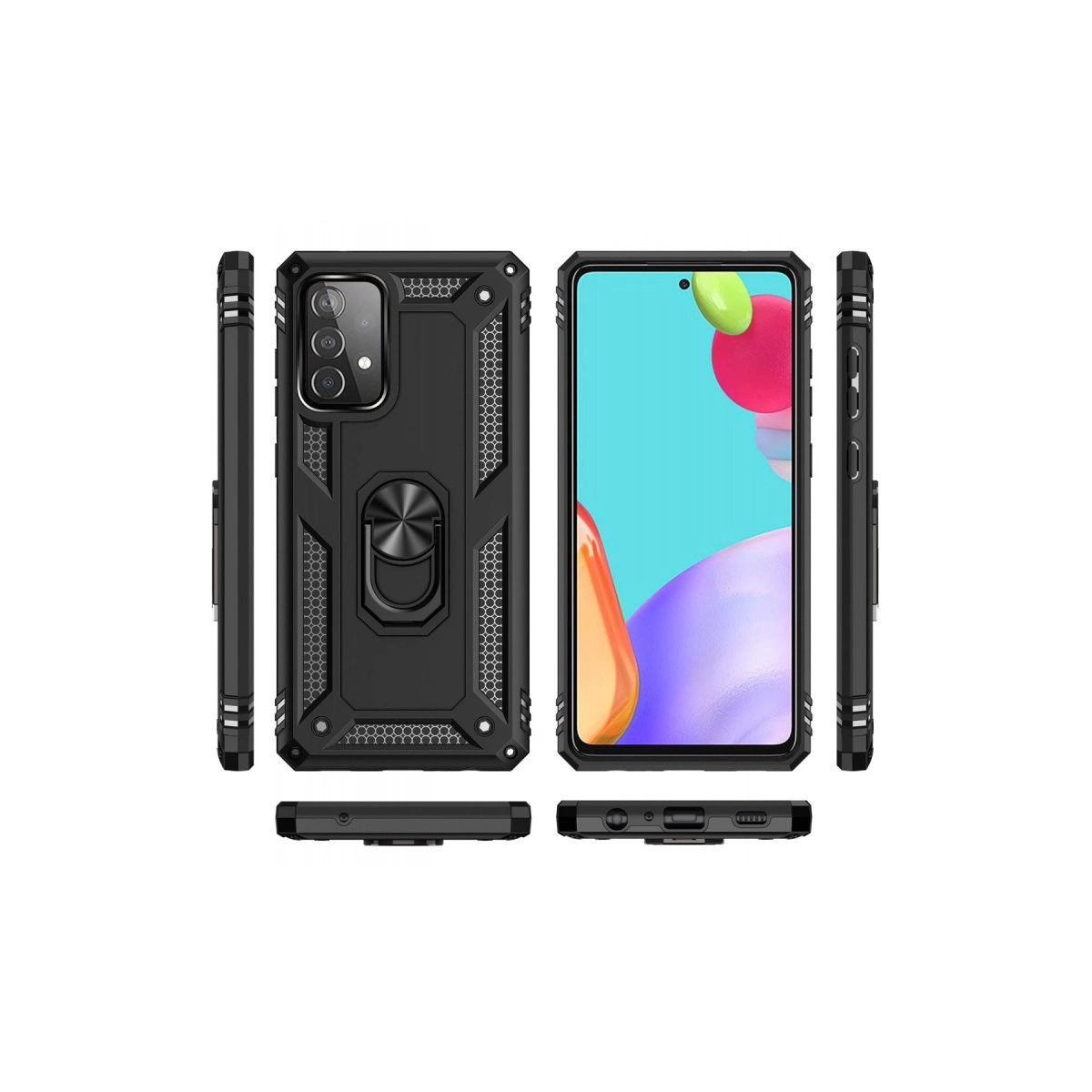 Halka tutuculu siyah telefon kılıfı, ön ve arka görünümler.