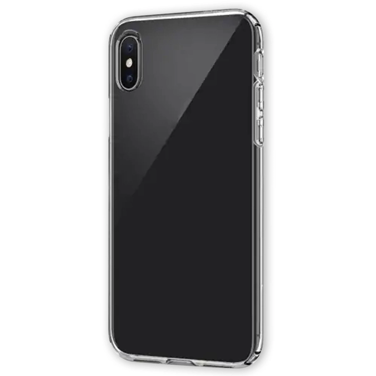 Arkada kameralı siyah telefon gösteren şeffaf telefon kılıfı.
