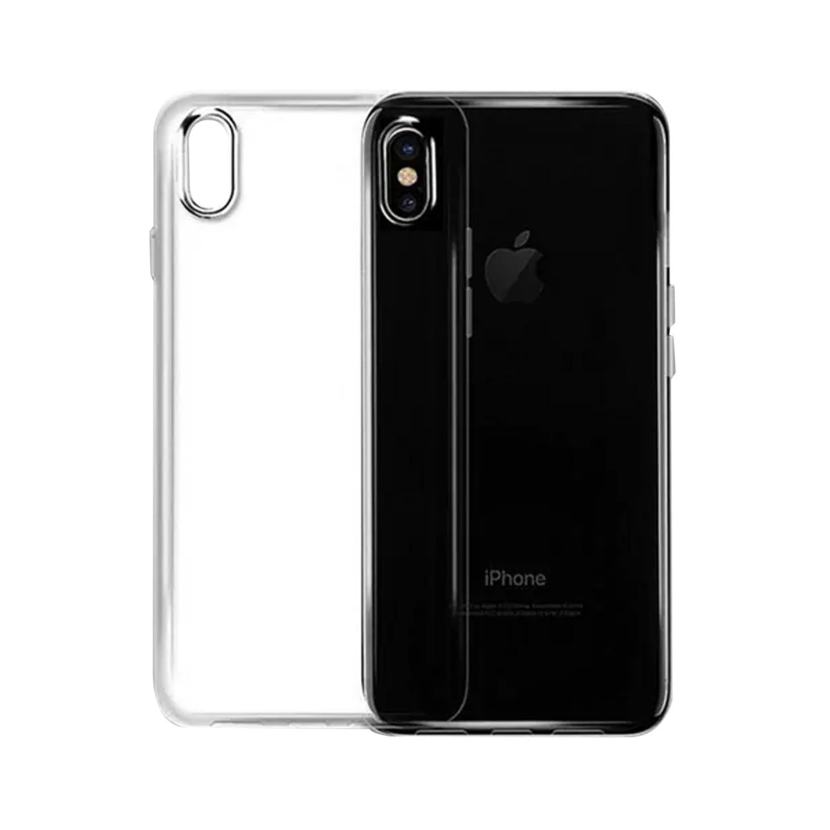 Siyah bir iPhone'un yanında şeffaf bir telefon kılıfı.