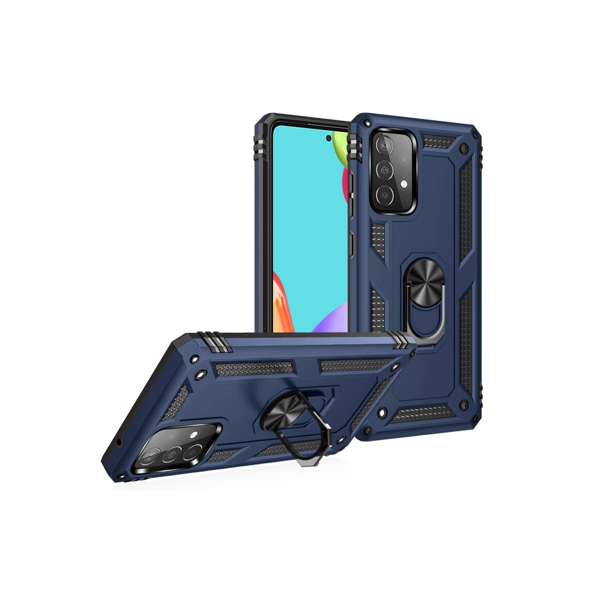 Halka tutuculu lacivert telefon kılıfı, beyaz arka plan üzerinde.