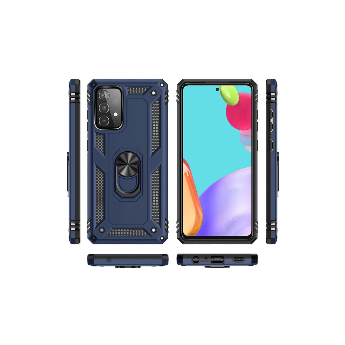 Halka ve akıllı telefon ekranı görünen lacivert telefon kılıfı.