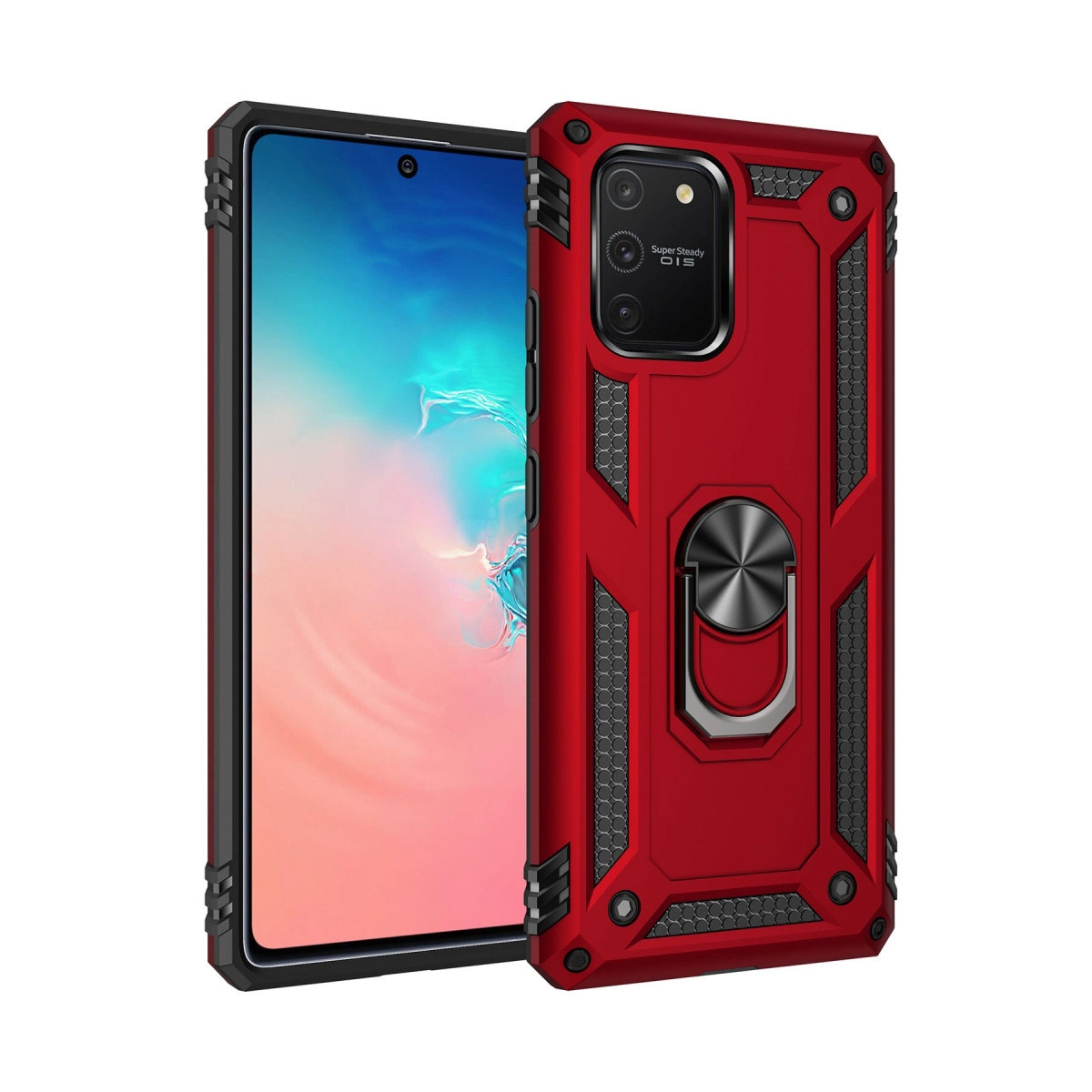 Halka tutuculu ve kamera açıklıklı kırmızı telefon kılıfı.