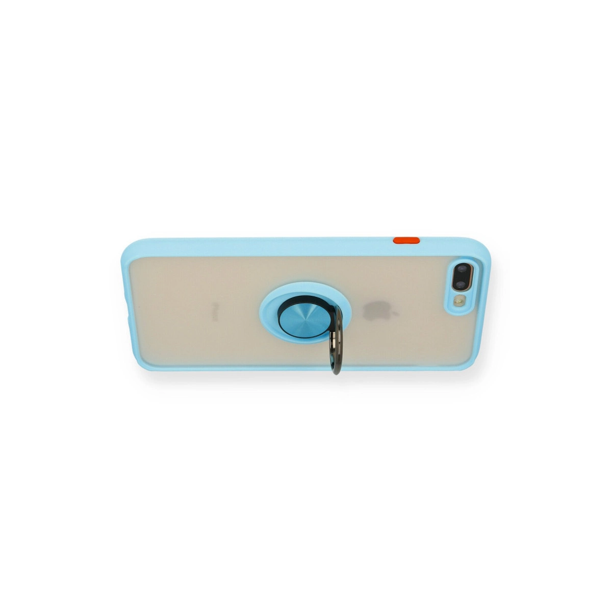 Beyaz arka plan üzerinde mavi halka tutuculu mavi telefon kılıfı.