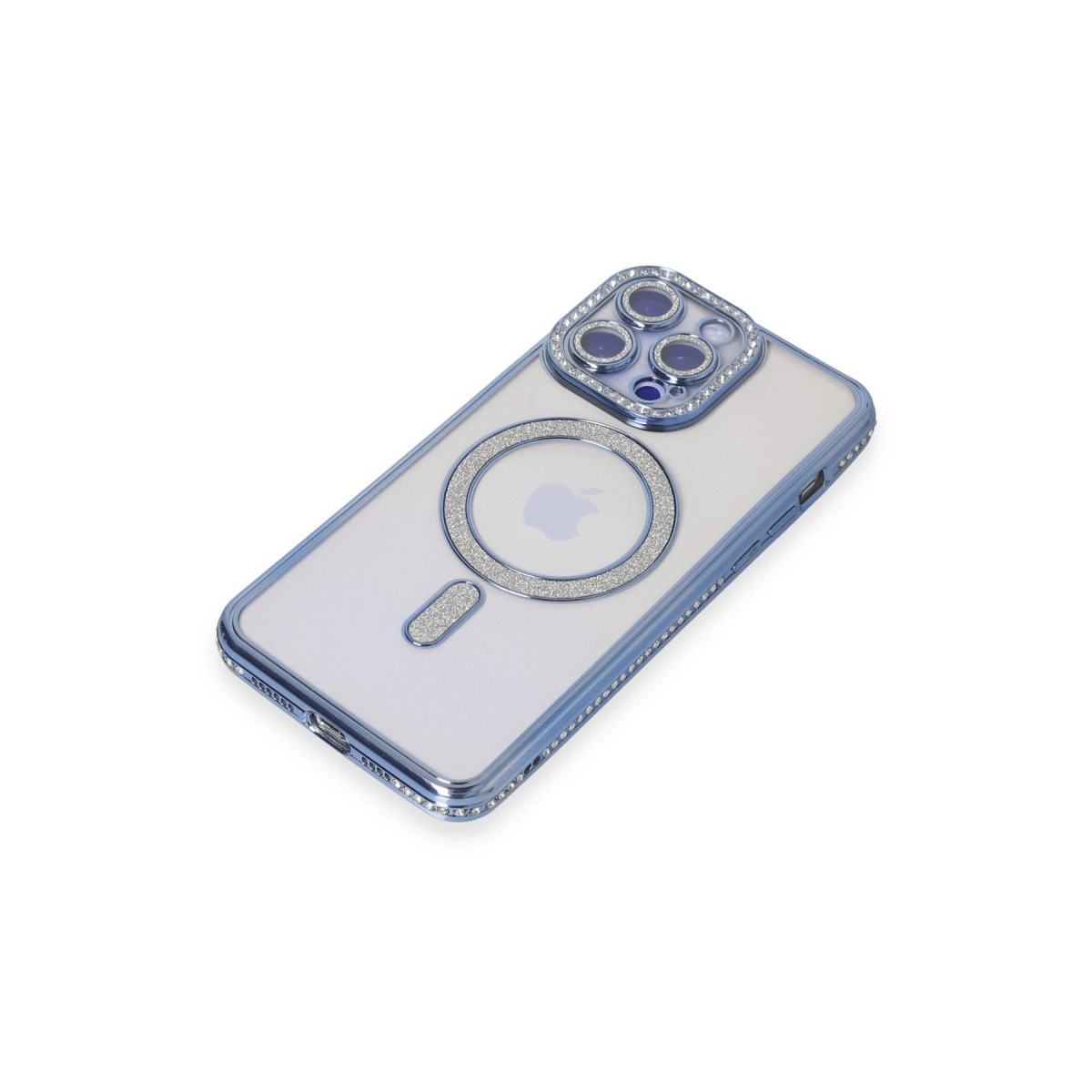 Simli ve Apple logolu mavi iPhone kılıfı.