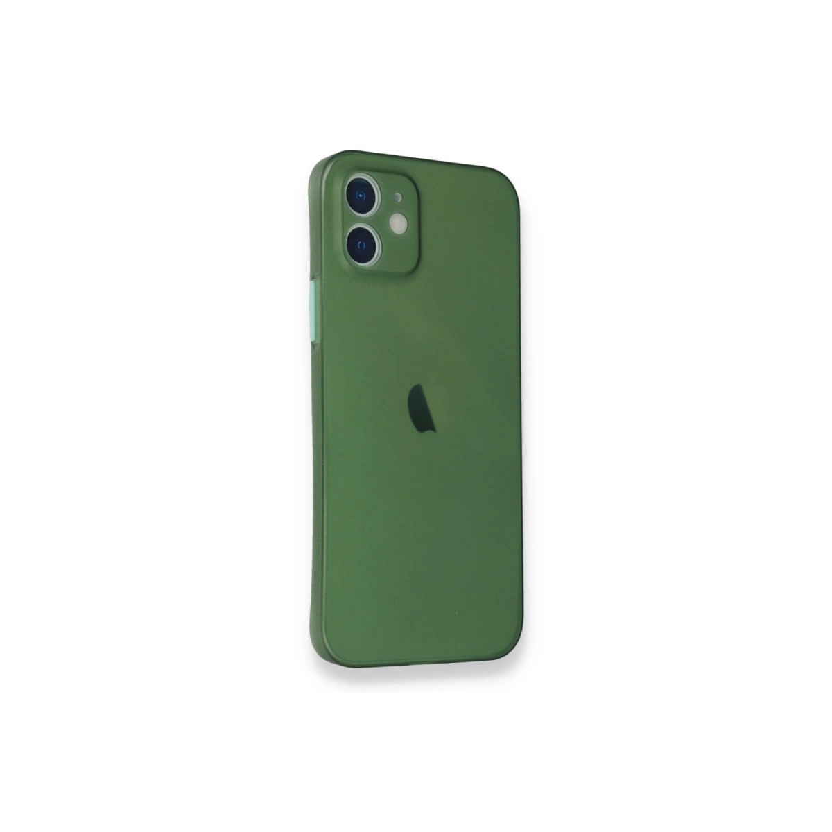 Arkada çift kameralı ve Apple logolu yeşil iPhone.