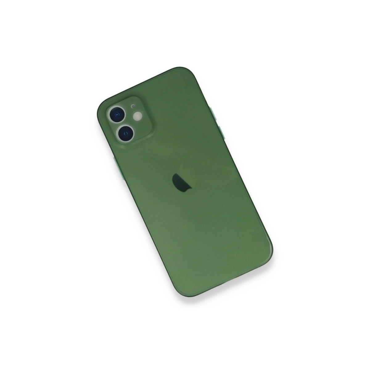 Beyaz zeminde yatan iki kameralı yeşil iPhone 12.