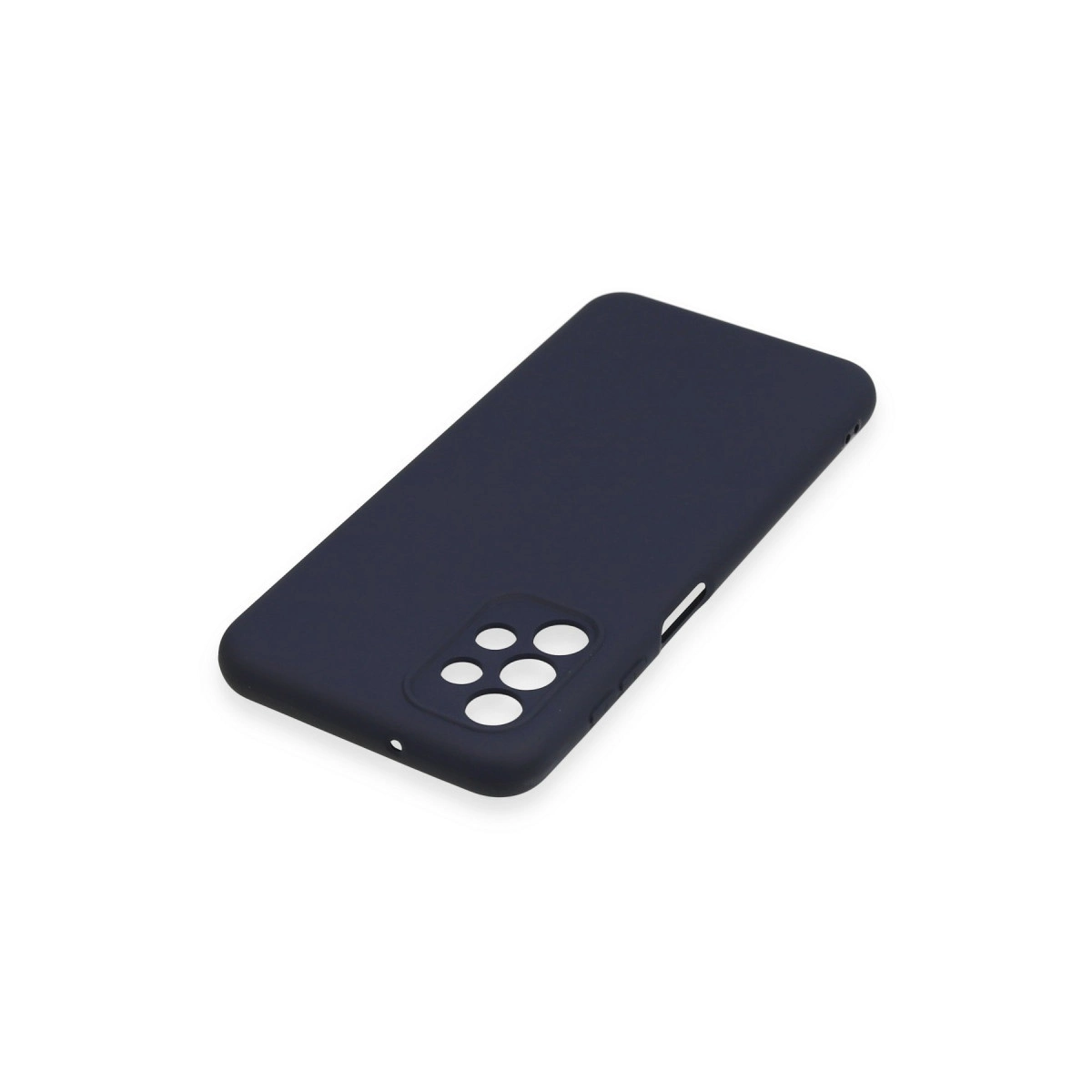 Beyaz arka plan üzerinde kamera kesikleri olan lacivert telefon kılıfı.