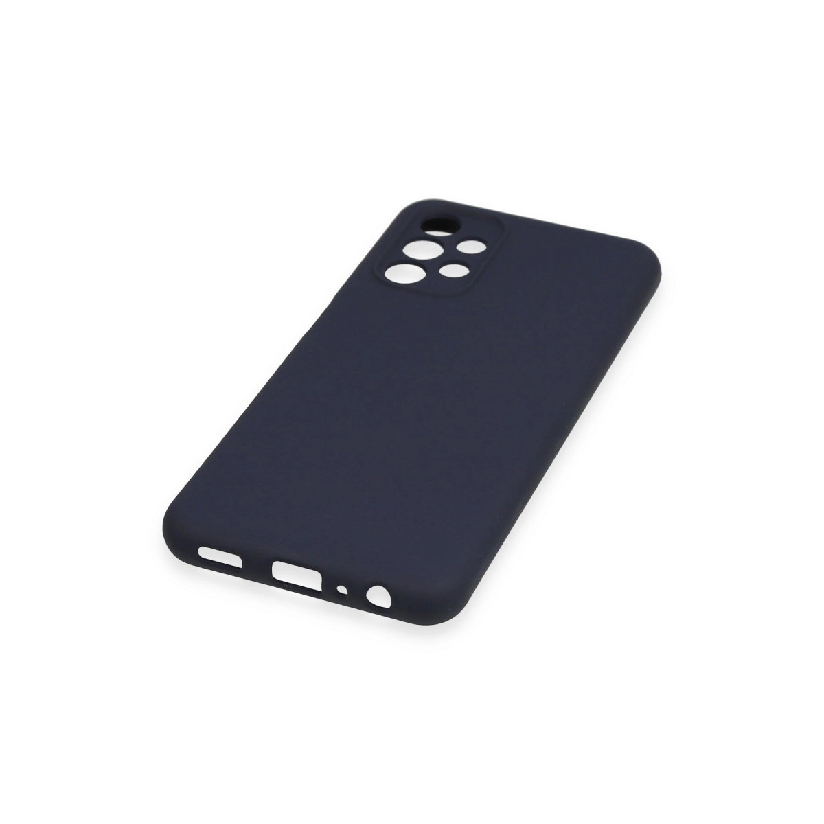 Koyu mavi telefon kılıfı, kamera ve bağlantı noktaları için kesiklere sahip.
