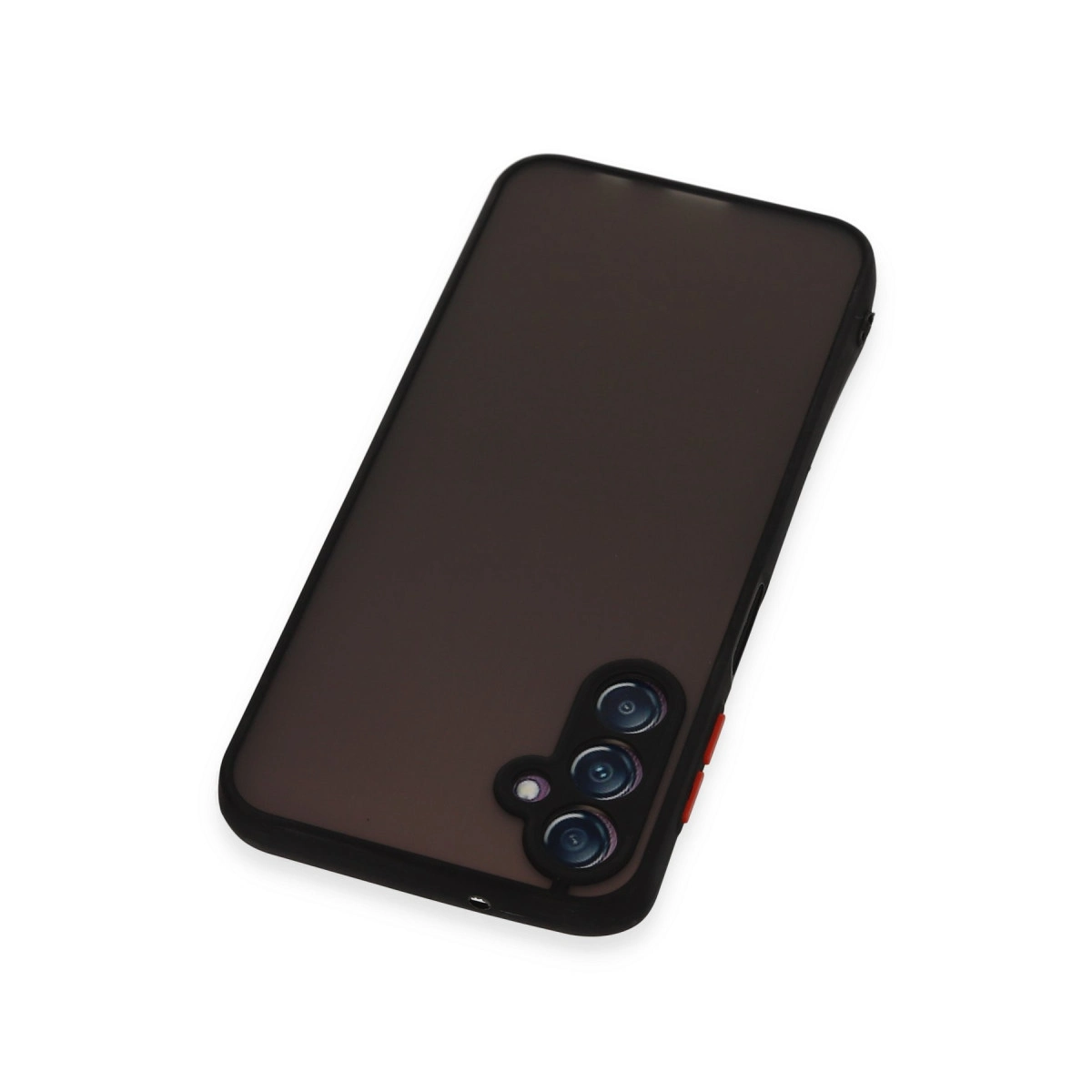 Kamera kesimi ve yan tarafta kırmızı düğmeleri olan koyu gri telefon kılıfı.
