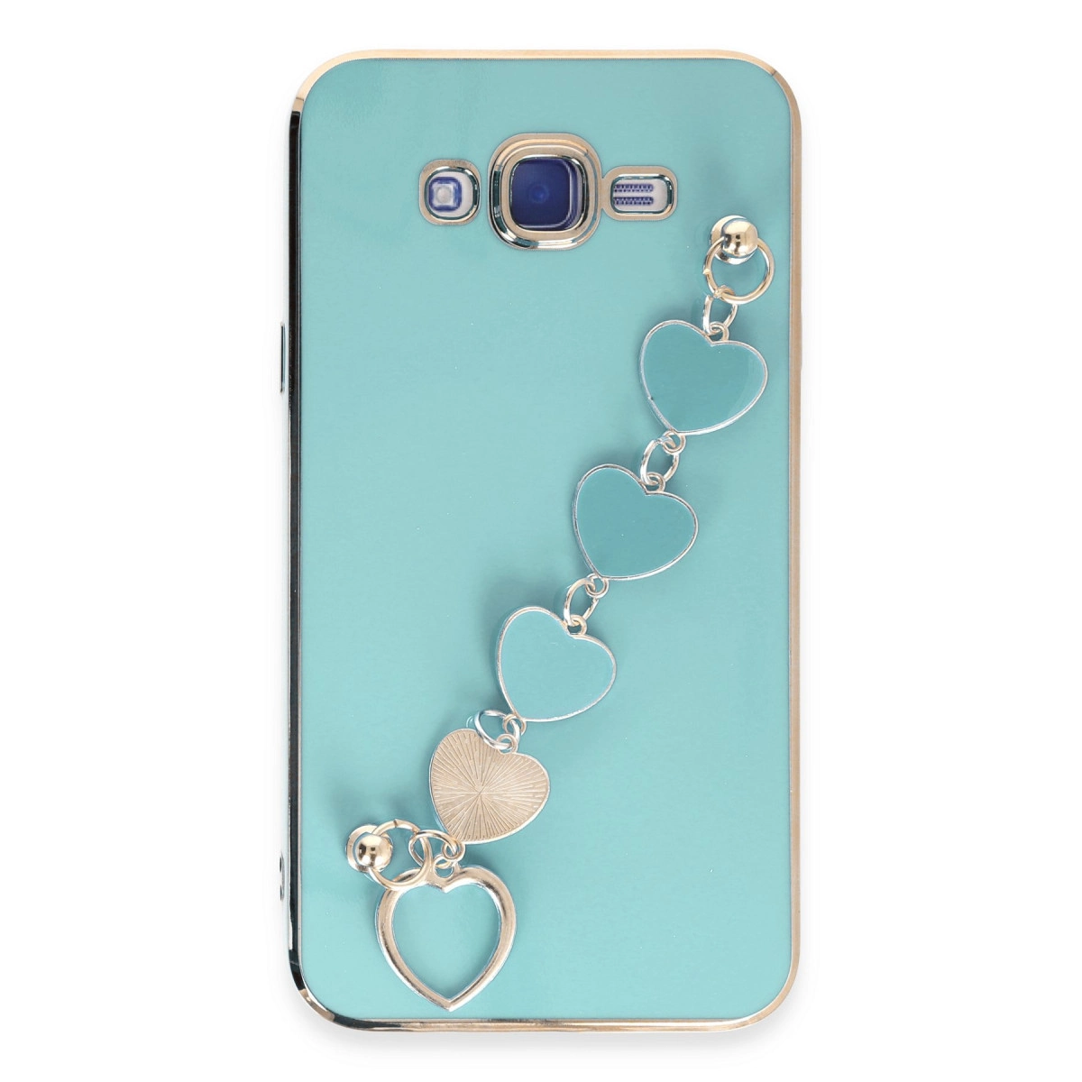 Kalp charm bileklikli ve kamera çıkıntılı turkuaz telefon kılıfı.