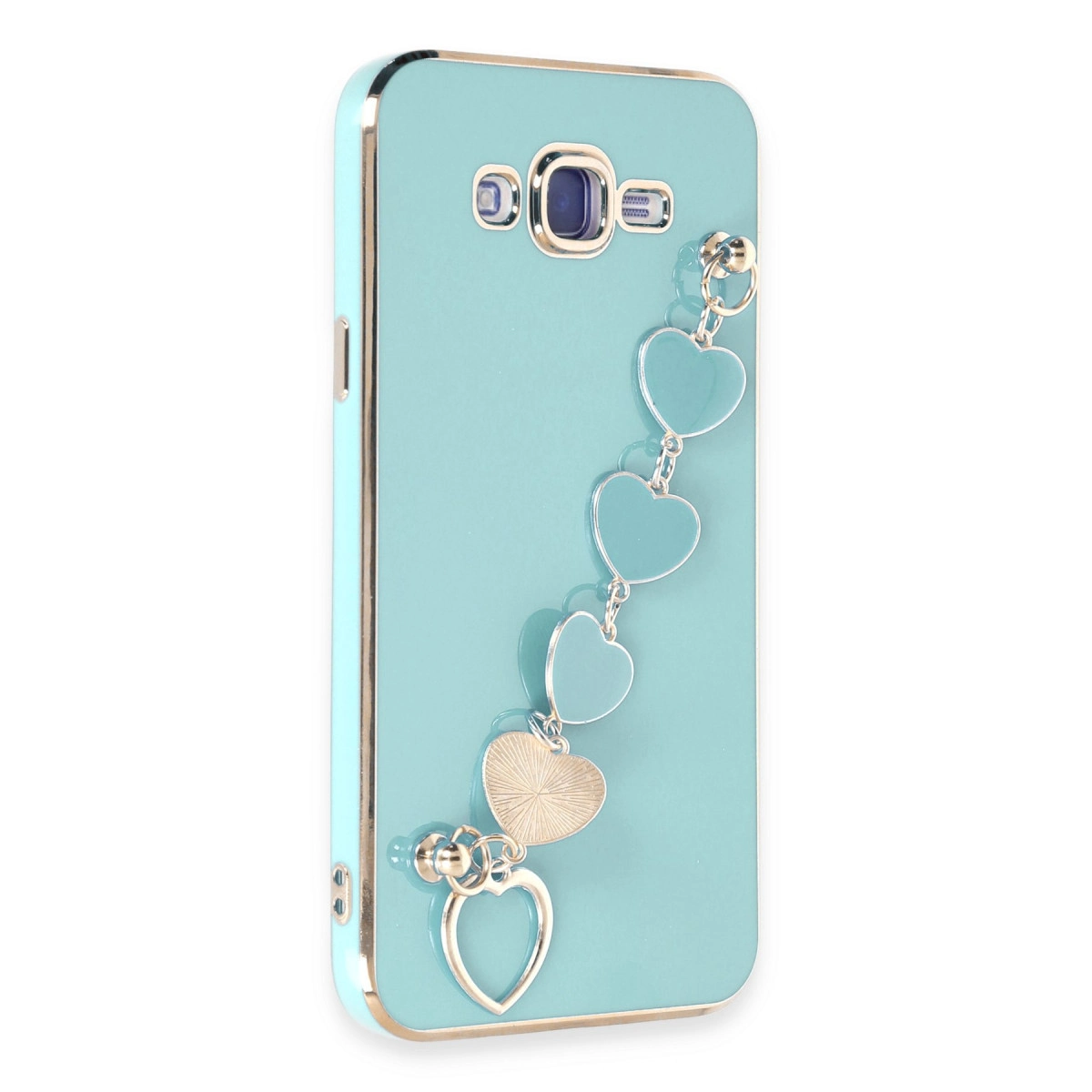 Altın kenarlı turkuaz telefon kılıfı ve kalp charm bileklik.