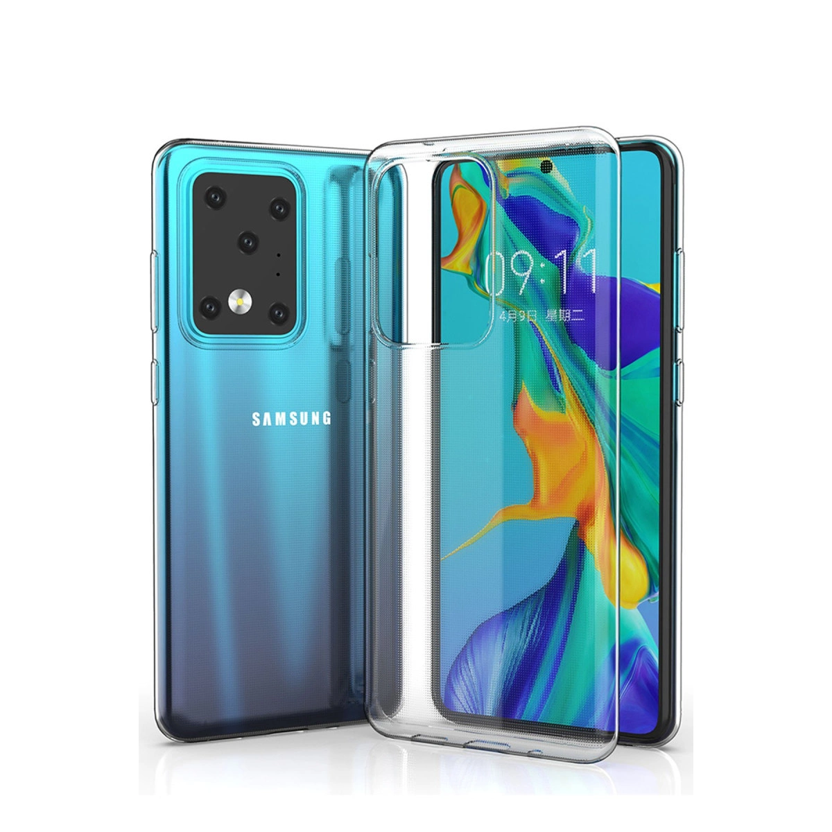 Ekranında renkli duvar kağıdı olan şeffaf kılıflı mavi Samsung telefon.