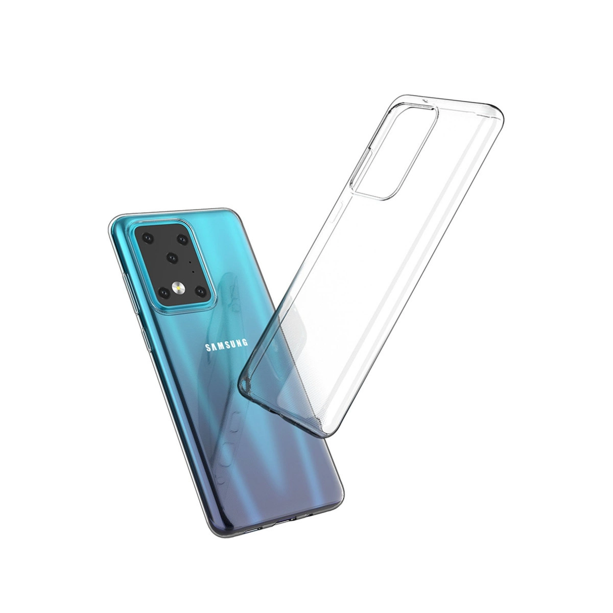 Şeffaf bir telefon kılıfı mavi bir Samsung telefonun yanında duruyor.