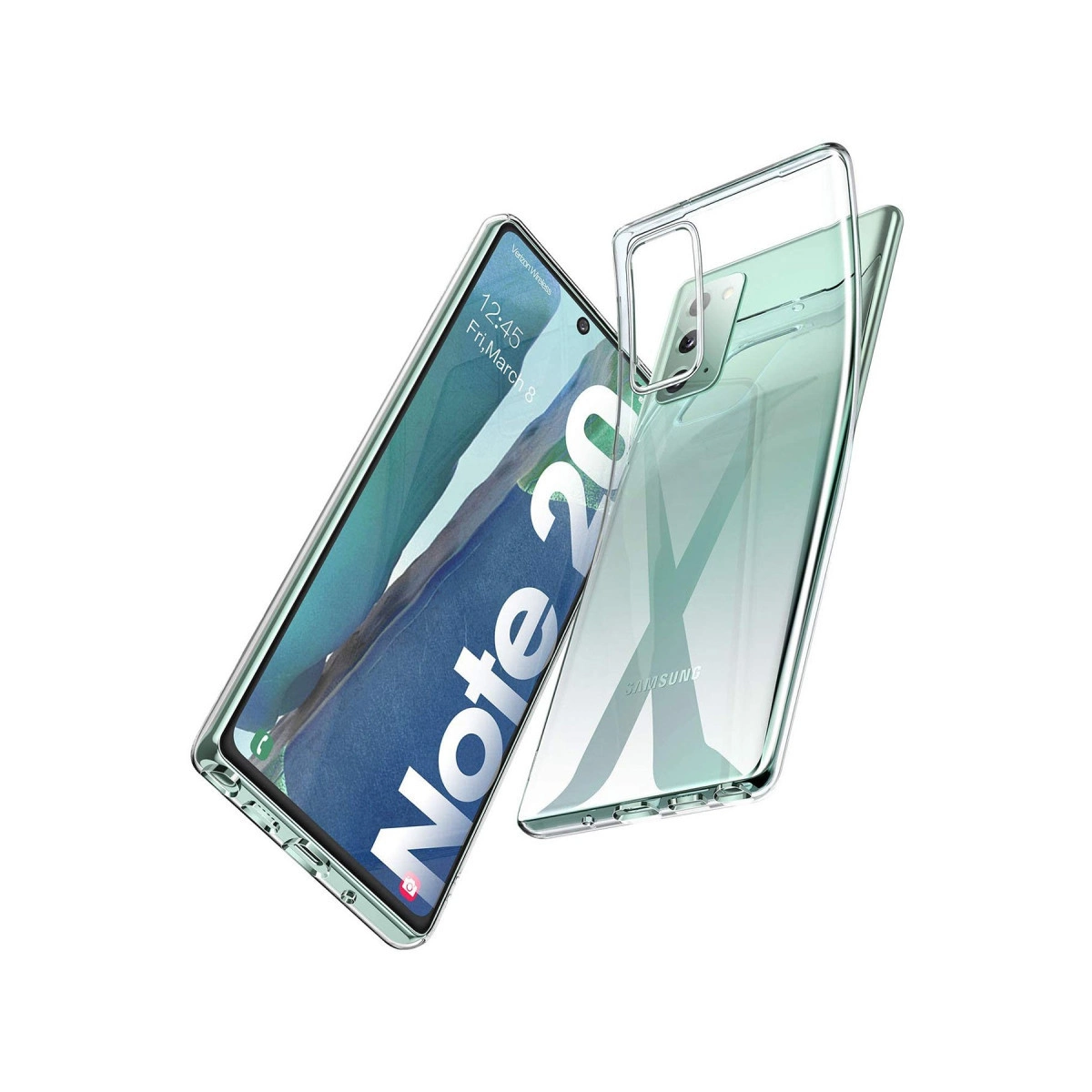 Şeffaf telefon kılıfı, beyaz arka planda bir Samsung Note 20'nin yanında duruyor.