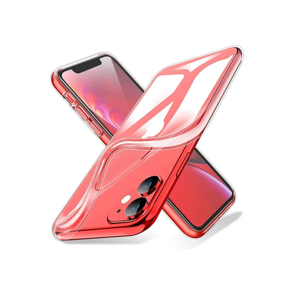 Beyaz zeminde şeffaf kılıflı kırmızı akıllı telefon.