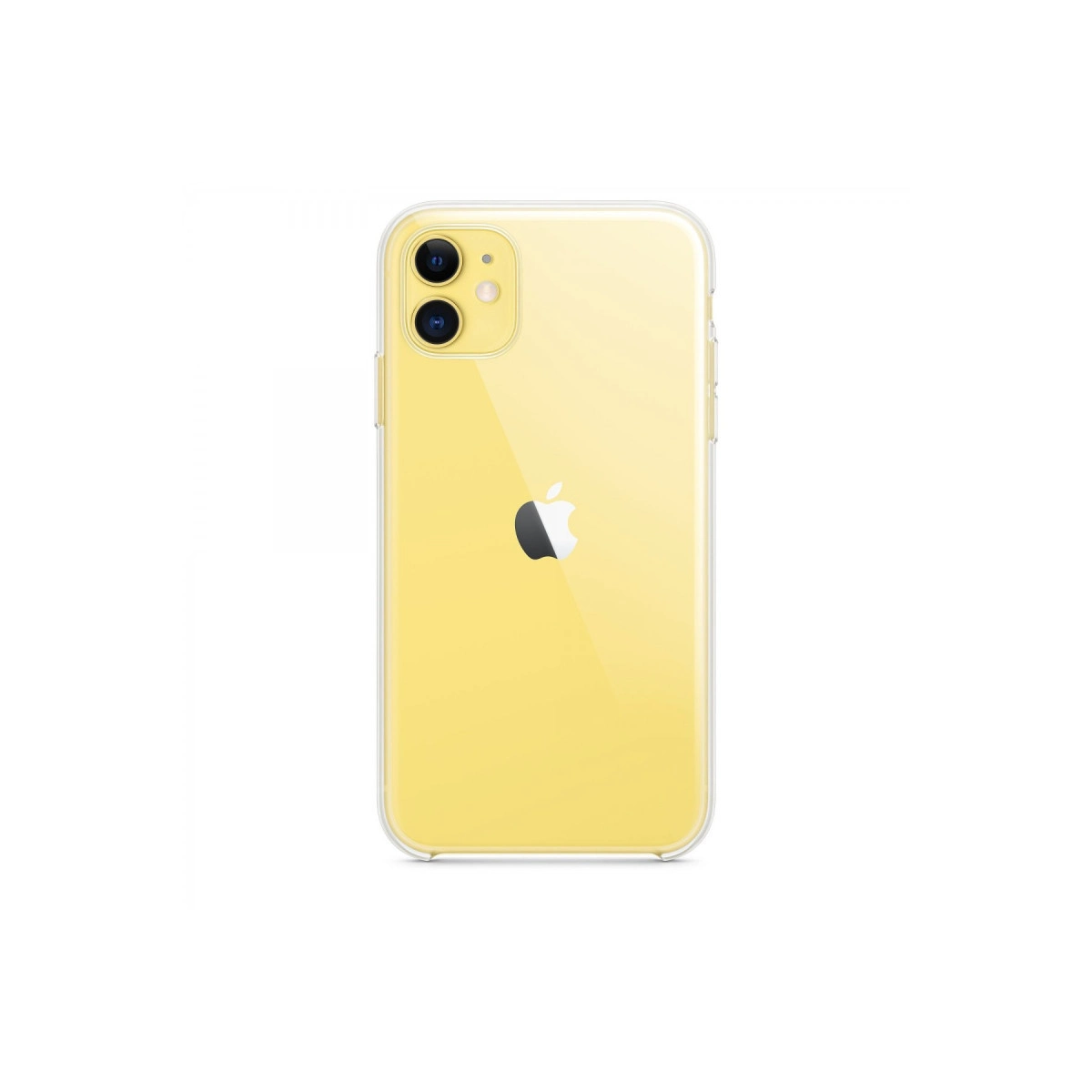 Beyaz arka plan üzerinde iki kameralı sarı iPhone 11 ve Apple logosu.