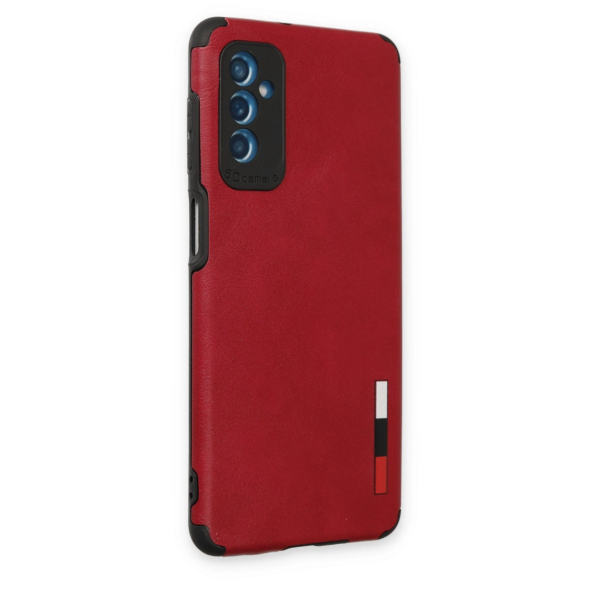 Üç kameralı ve logolu kırmızı telefon kılıfı.