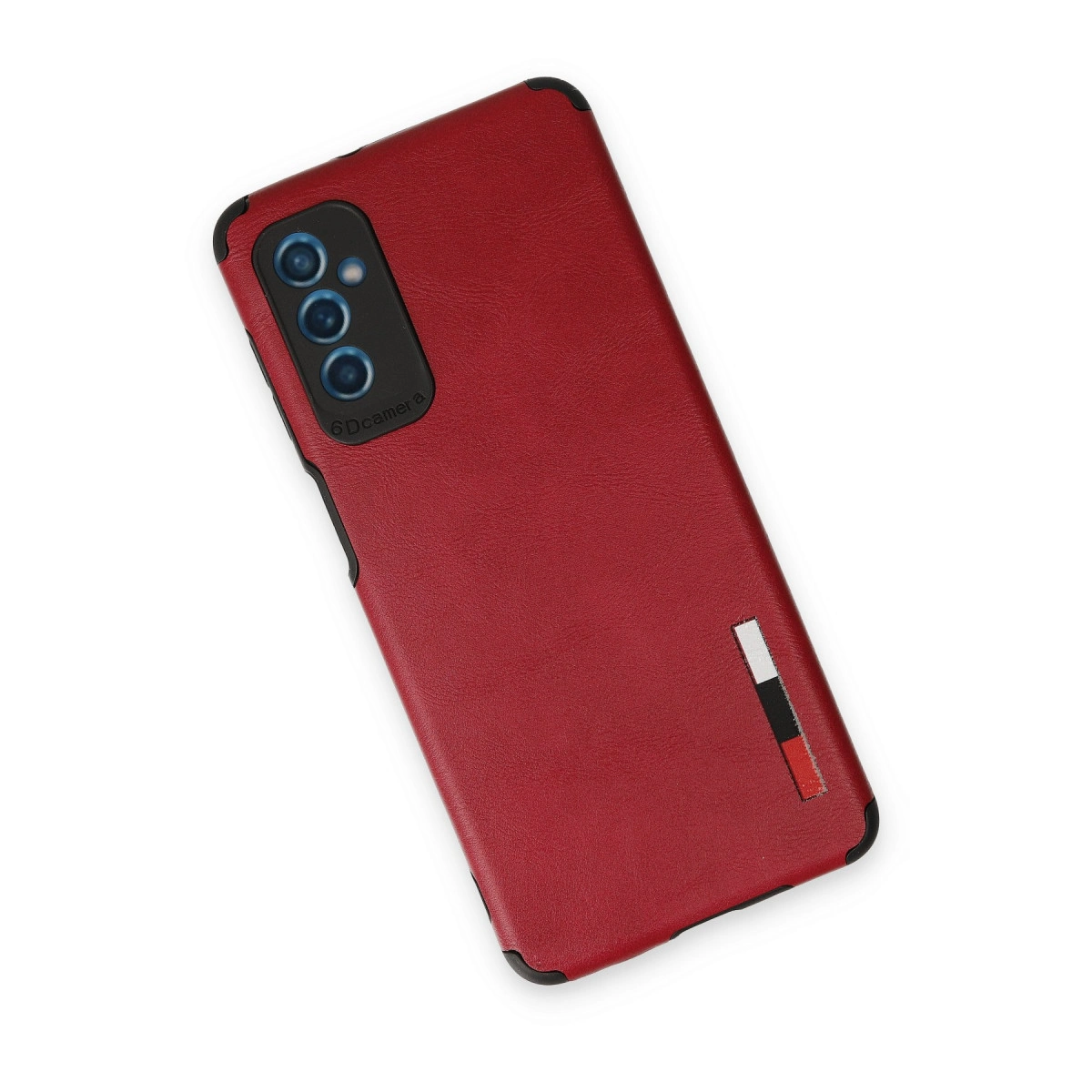 Üç lensli siyah kamera yuvalı kırmızı telefon kılıfı.
