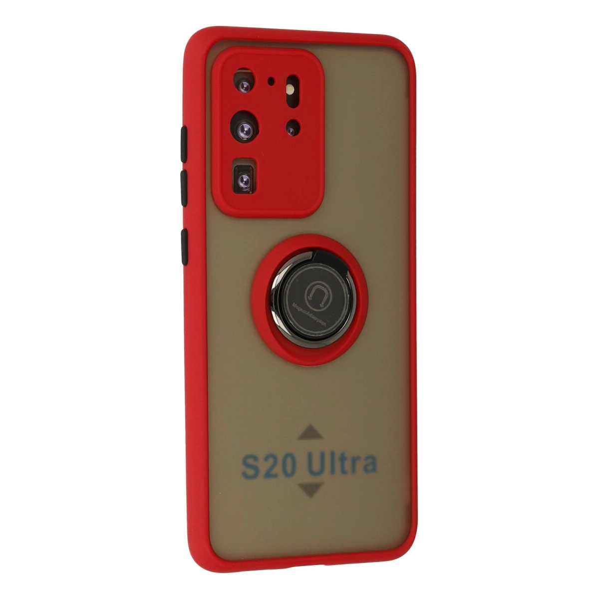 S20 Ultra için kamera modülü ve halka tutuculu kırmızı telefon kılıfı.
