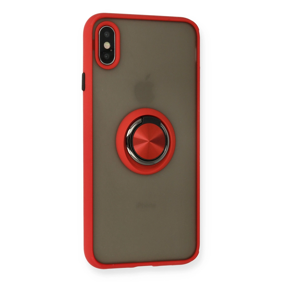 Siyah telefon üzerinde gümüş halka tutuculu kırmızı telefon kılıfı.