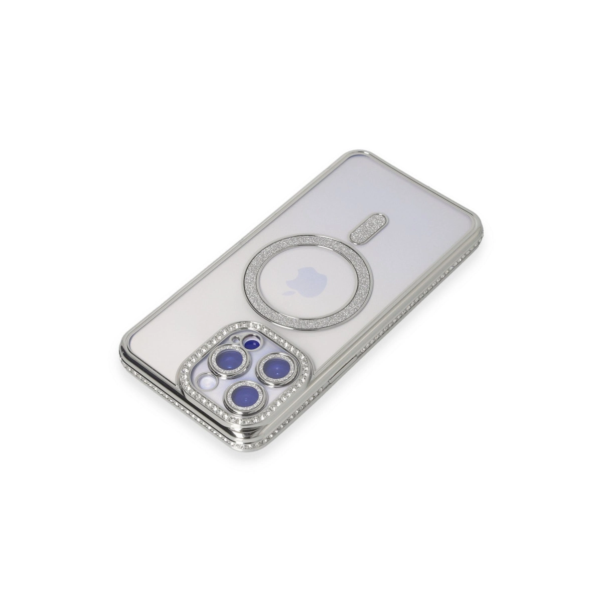 Gümüş aksesuarlar ve taşlarla süslenmiş şeffaf telefon kılıfı.