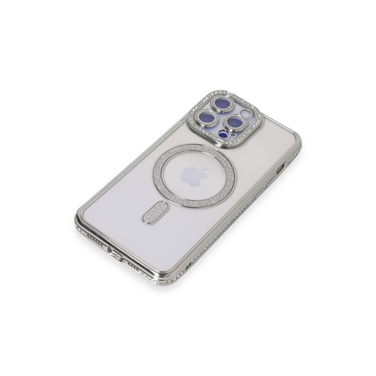 Gümüş ve simli vurgulara sahip şeffaf telefon kılıfı.