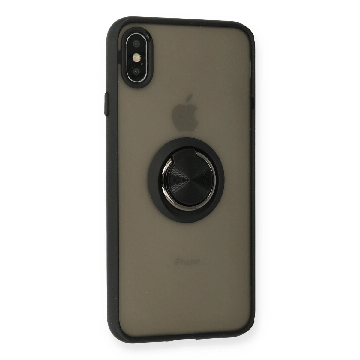 Arkada gümüş halka stantlı koyu gri iPhone kılıfı.