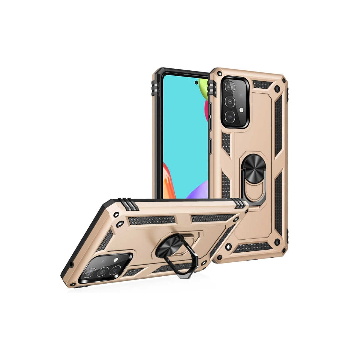 Halka tutuculu ve kamera kesimli iki altın rengi telefon kılıfı.
