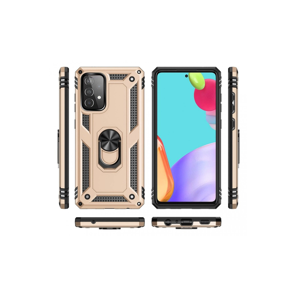 Halka standlı altın rengi telefon kılıfı, çeşitli açılardan ön ve arka görünümü.