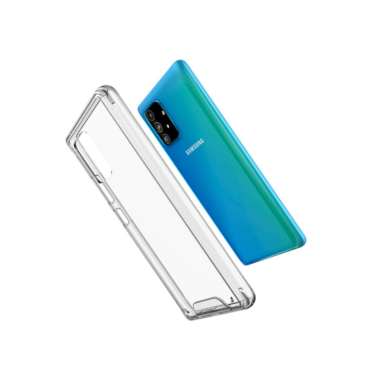 Şeffaf telefon kılıfı, mavi bir Samsung akıllı telefonun yanında duruyor.