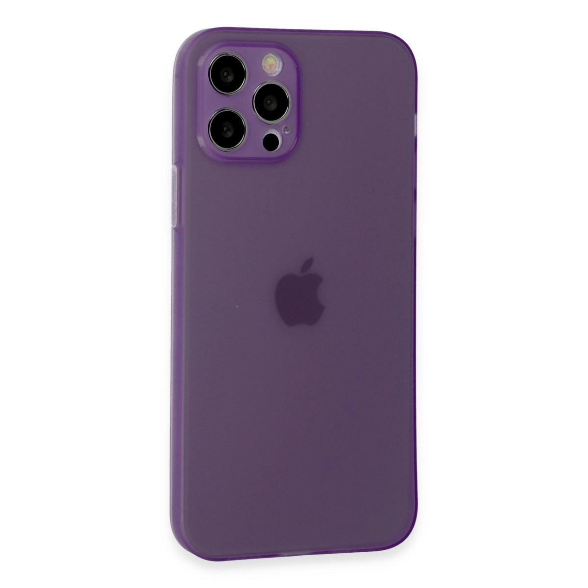 Üç kameralı, Apple logolu mor iPhone kılıfı.