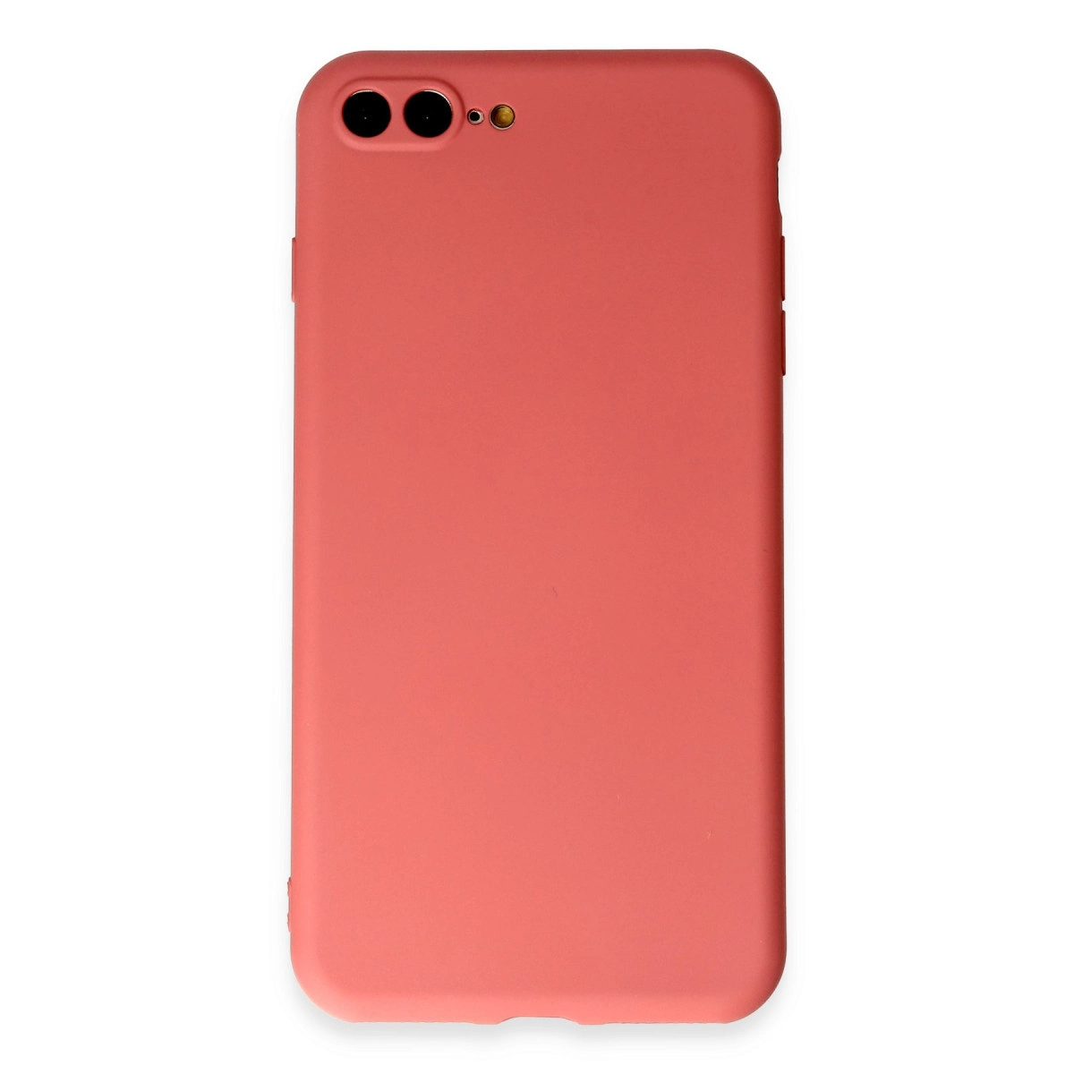 Sol üstte çift kamera lensli ve flaşlı mercan pembe telefon kılıfı.