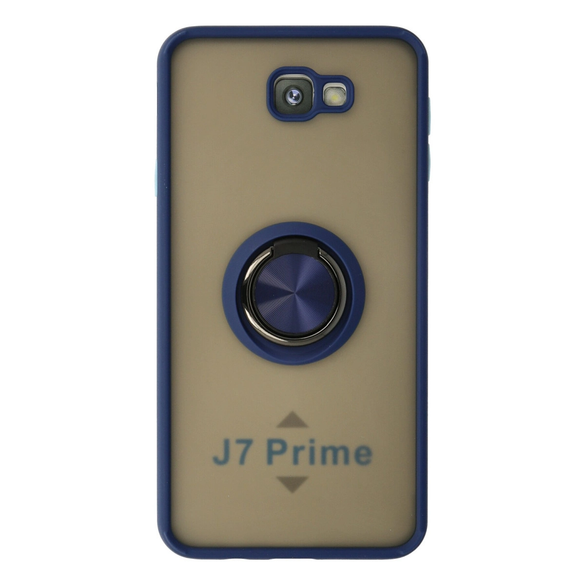 Mavi kenarlı, halka tutuculu ve 'J7 Prime' yazılı bej telefon kılıfı.