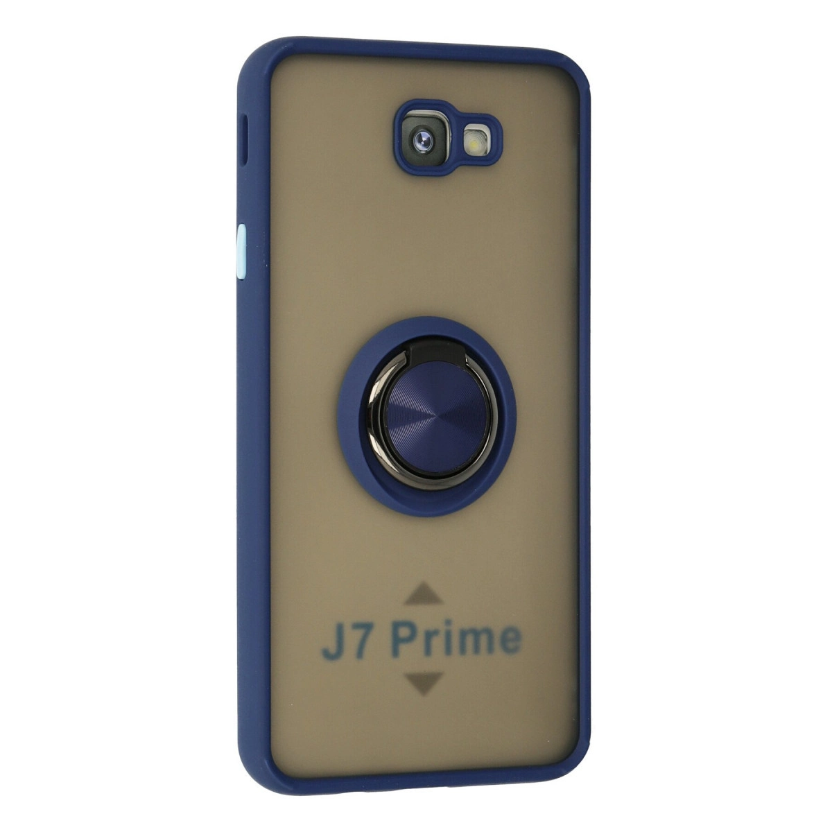 Mavi kenarlı, bej arka yüzlü, halka tutuculu ve 'J7 Prime' yazılı telefon kılıfı.