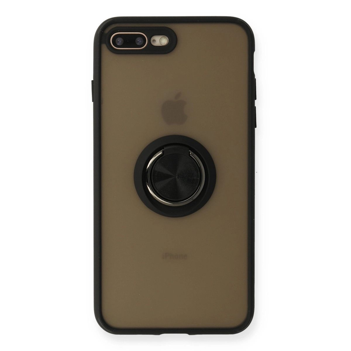 Siyah halka tutuculu ve çift kameralı bronz iPhone kılıfının arkası.