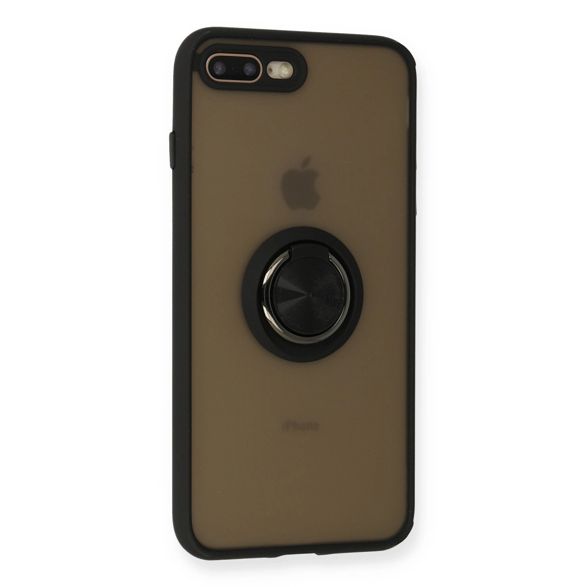 Siyah halka tutuculu ve çift kameralı füme kahverengi iPhone kılıfı.